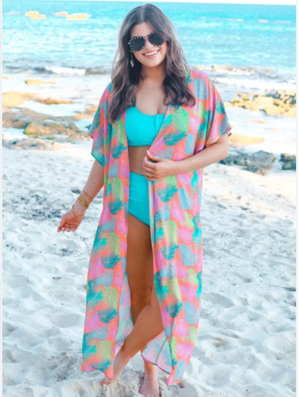 Vibrant Pink Tropical Leaf Open-Front Duster